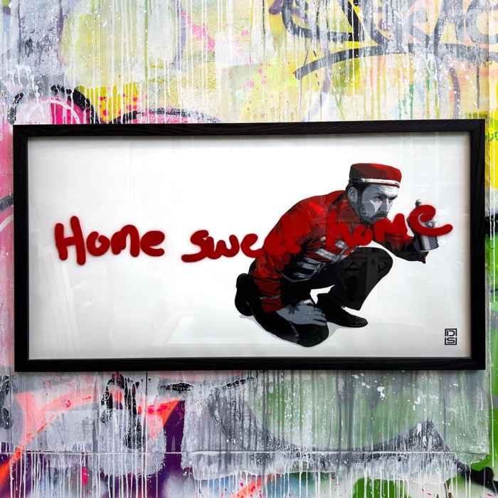 DS Art bellboy, spray paint home sweet home, framed, urban art contemprary art, street art